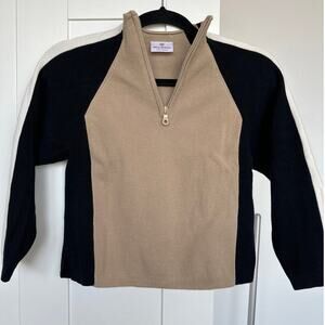 Hanna Andersson Boys 130 Tan Color Block 100% Cotton Knit 1/4 Zip Sweater. EUC
